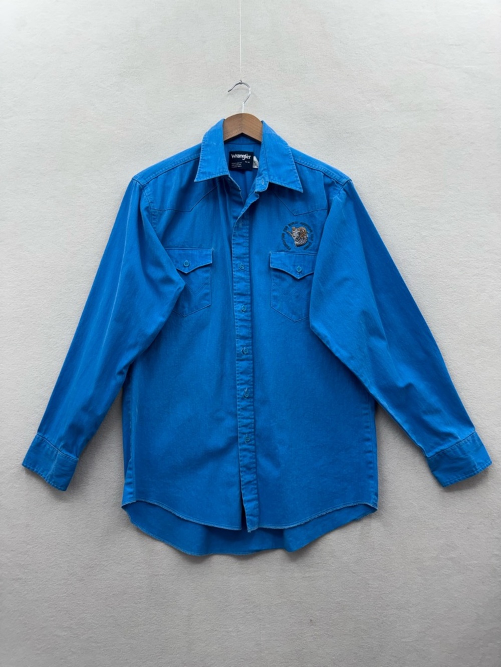 Vintage Wrangler Brushpopper Mens 16x34 Blue Shirt Foundation For Wild Sheep